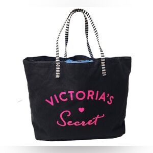 Victoria's Secret Large Canvas Black Tote Bag w/Pink Logo, Stripped Handles